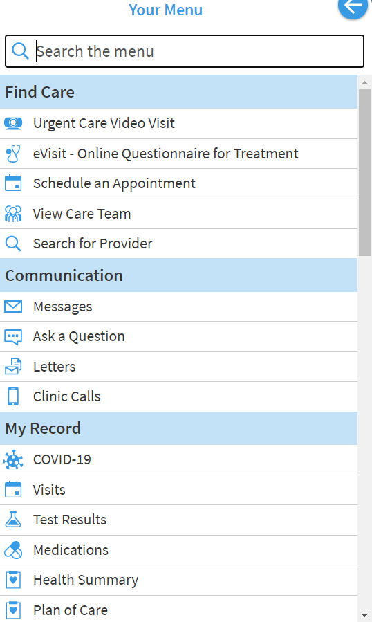 MyChart menu showing categories like Find Care, Communication, and My Record
