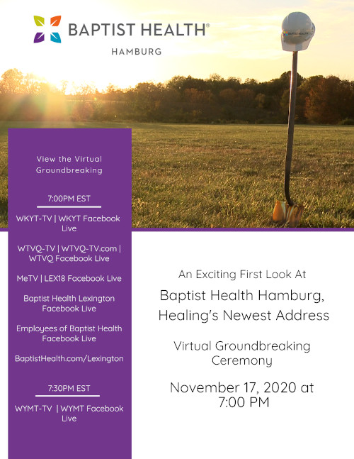 Flyer for Baptist Health Hamburg virtual groundbreaking event showing schedule details and a shovel in a field
